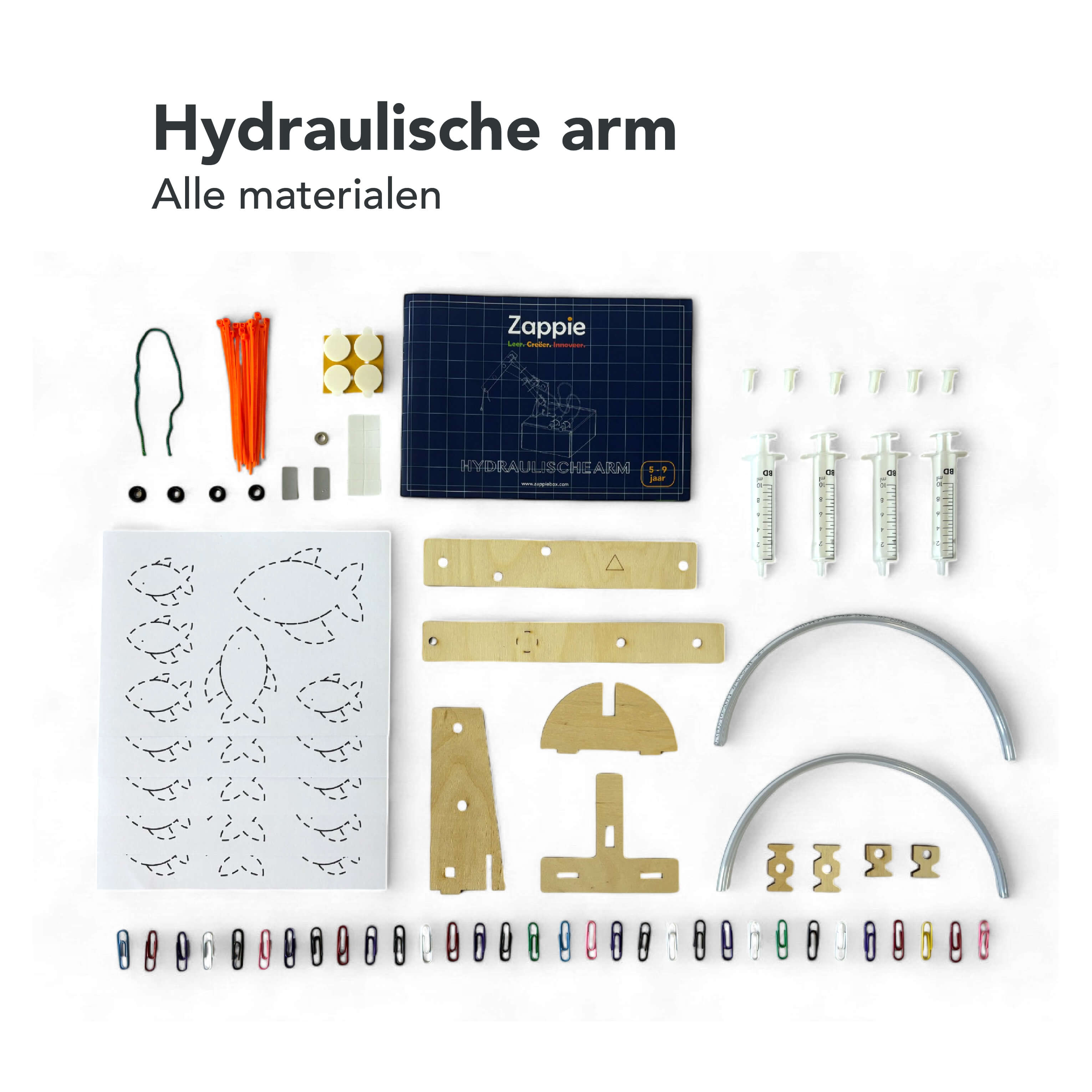 De materialen die in de hydrauliek box van Zappie worden geleverd