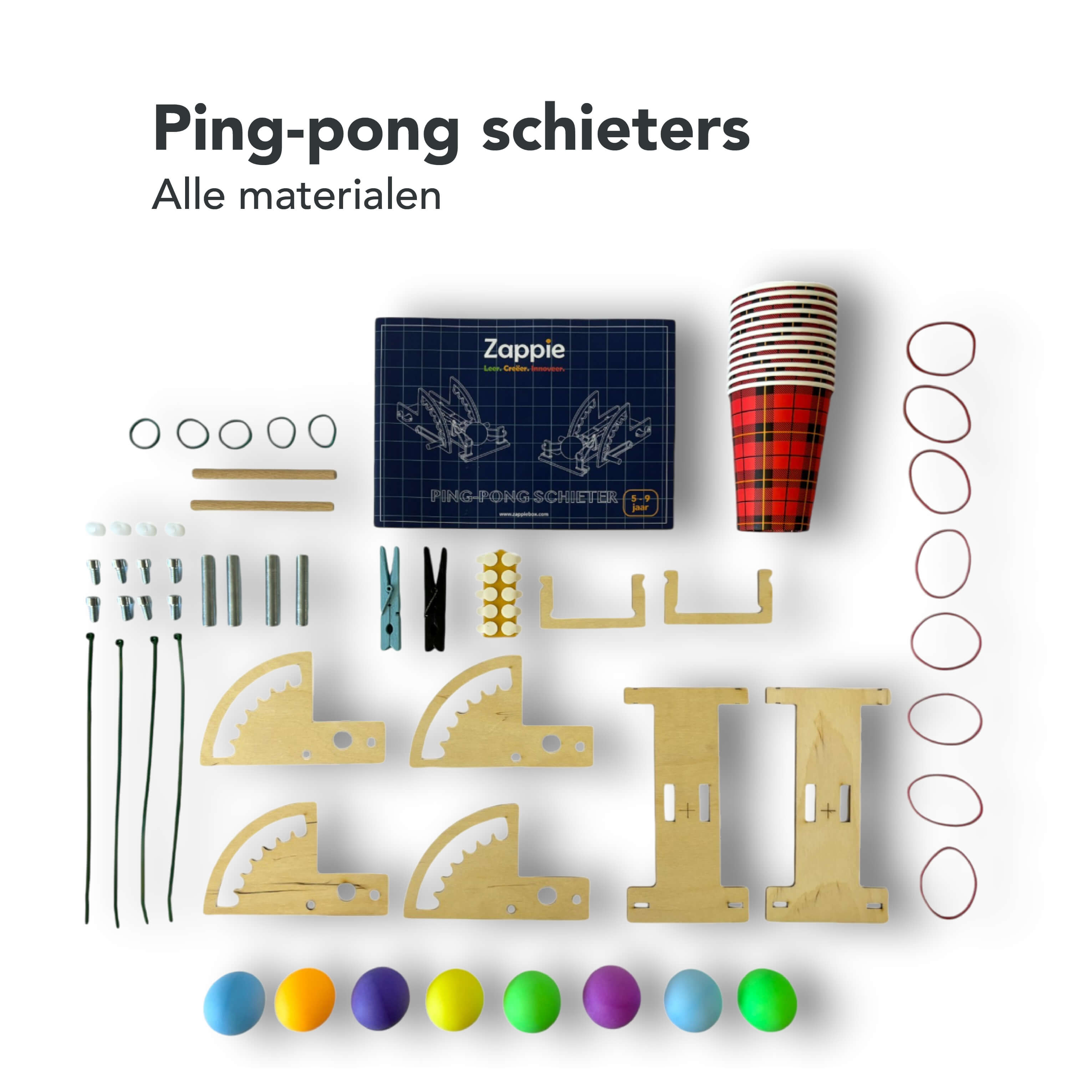 Alle materialen die in de ping-pong schieter techniekbox van Zappie zitten